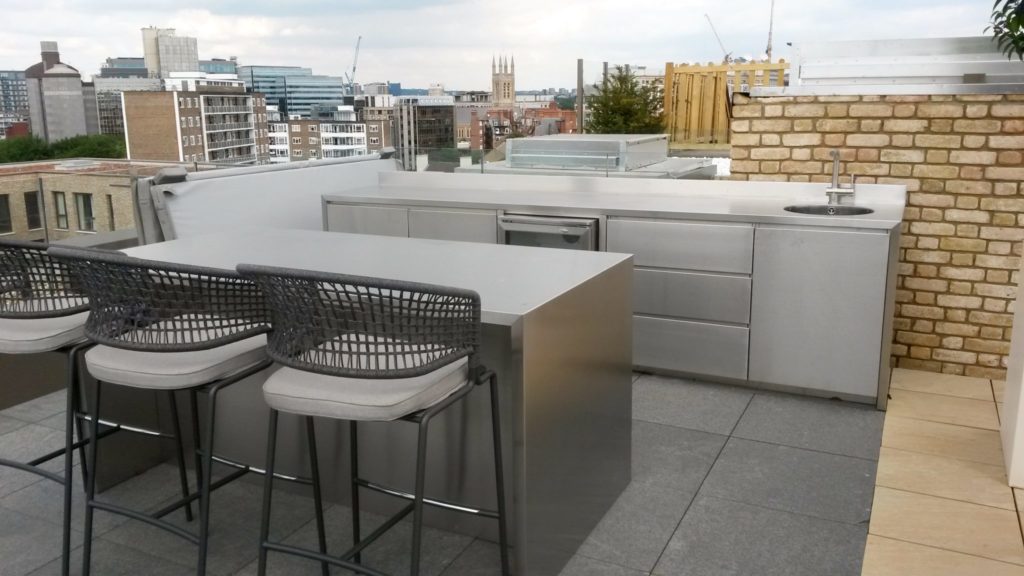 outdoor kitchen, stainless steel kitchen, outdoor bar, rooftop dining
