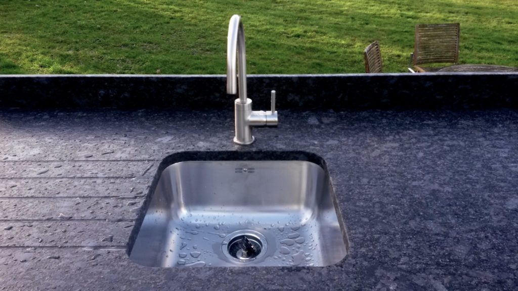 outdoor kitchen Newbury, sink and tap, granite worktop, under-mount sink